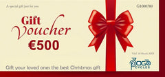 Pogo Cycles gift voucher with red ribbon and €500 value, holiday theme, front view