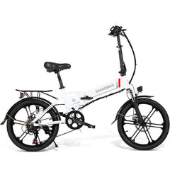 SAMEBIKE 20LVXD30 II white electric bike side view with rear rack and black wheels
