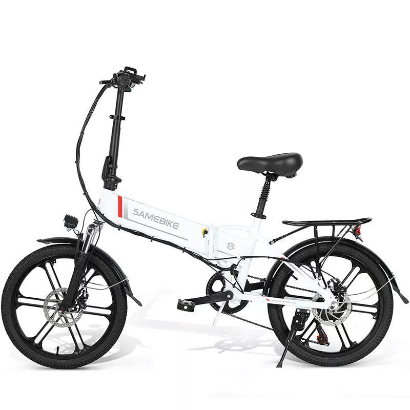 SAMEBIKE 20LVXD30 II electric bike in white, side view with rear rack