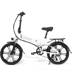 SAMEBIKE 20LVXD30 II electric bike in white, side view with rear rack