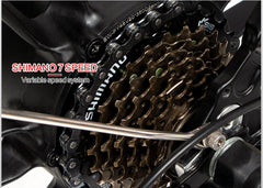 Shimano 7-speed gear cassette close-up on Samebike 20LVXD30 II electric bike