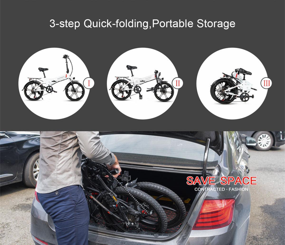Samebike 20LVXD30 II electric bike white side view folding steps and folded in car trunk