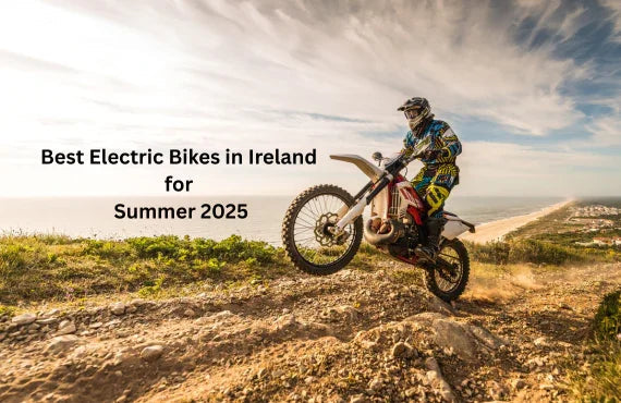 Electric mountain bike being ridden on rocky outdoor trail with scenic beach view