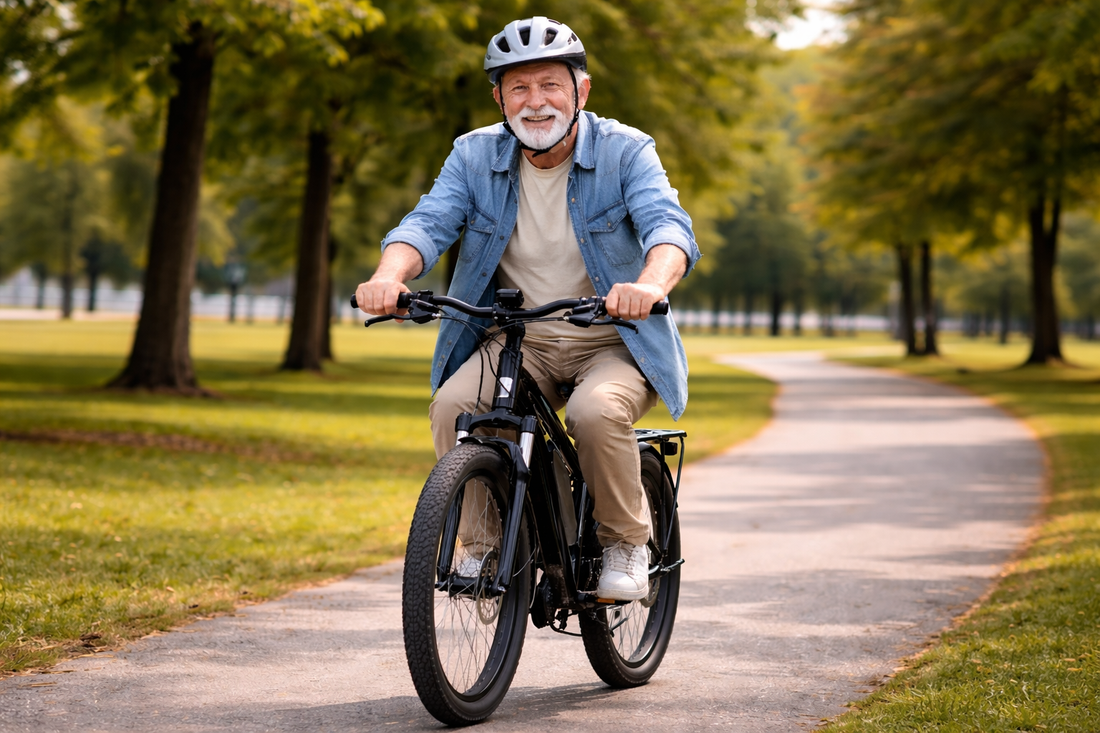 Electric bike in black side view ridden on a park path by a man wearing a helmet