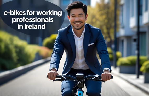 Man in business suit riding electric bike on city street, front view