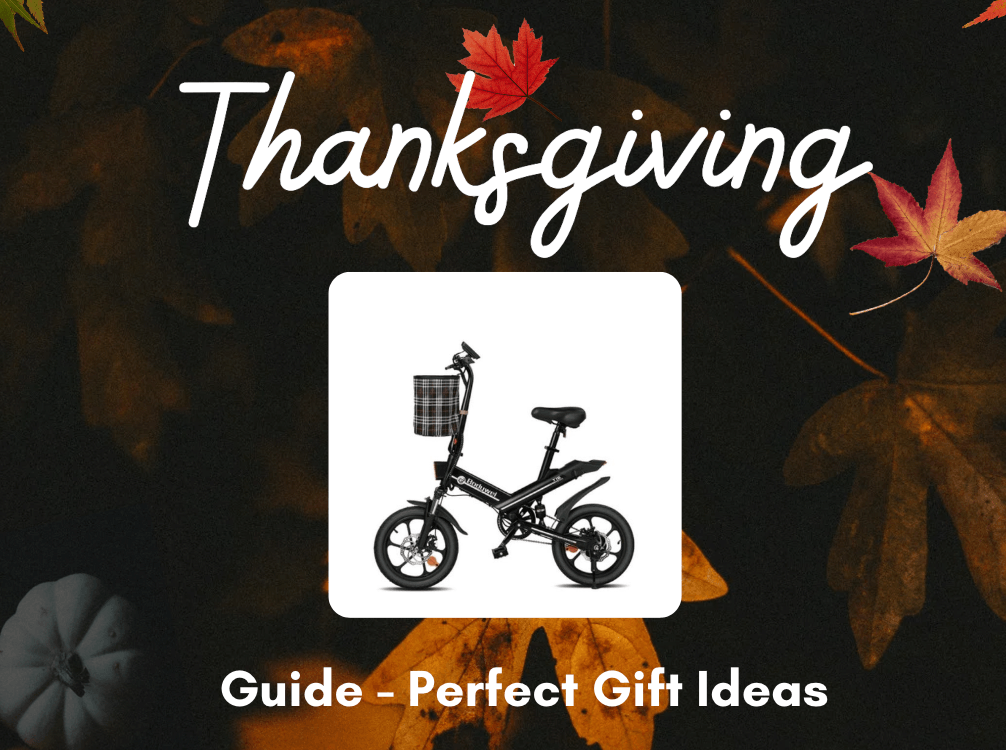 Folding electric bike with basket, black color, side view on autumn-themed background