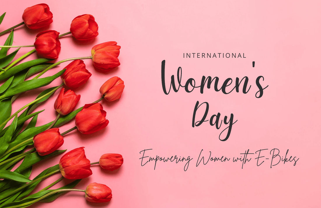Red tulips on pink background with International Women's Day and empowering women with e-bikes text