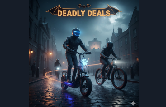 Electric bikes with riders in helmets on a city street at night, neon lights, side view