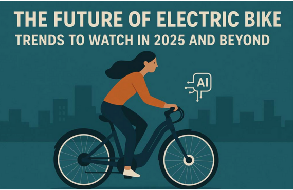 Illustration of woman riding black electric bike in city with AI technology symbol, side view