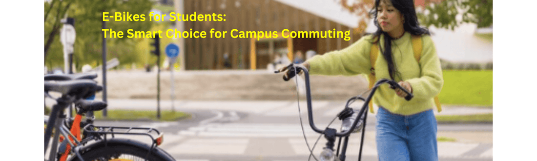 Student walking an electric bike on a campus path with modern building in background