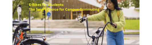 Student walking an electric bike on a campus path with modern building in background