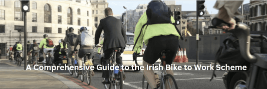 Commuters riding electric bikes and bicycles on a city street at a traffic light