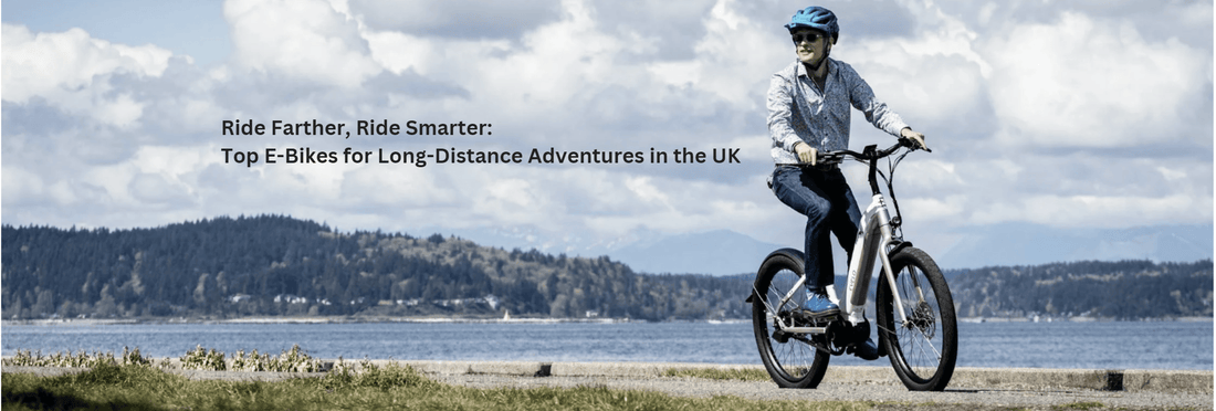 Electric bike with step-through frame ridden along a lakeside path, side view