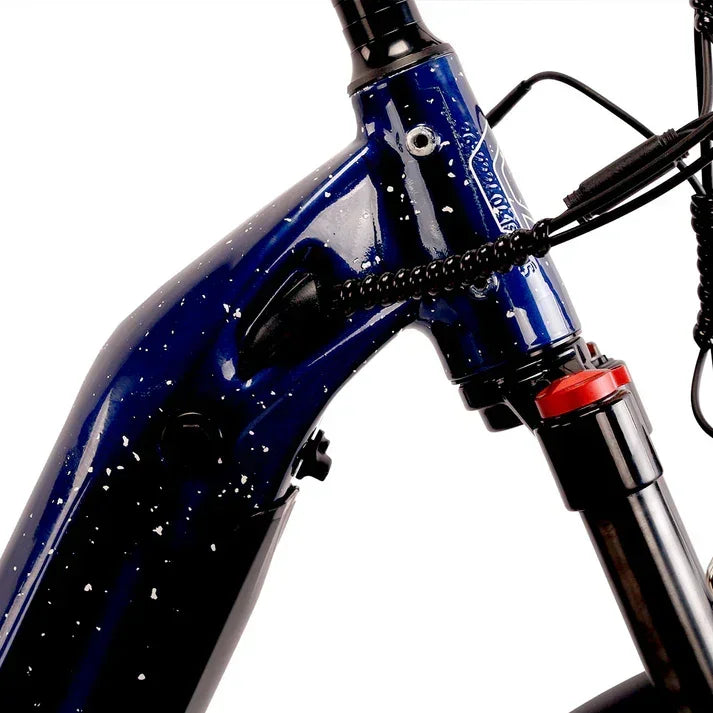 Close-up of a blue Cysum NOVA  Step-Thru Electric Bike - UK frame with a white background