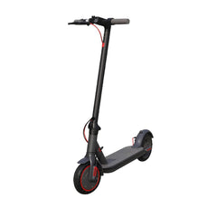 Black electric scooter with red accents, side angle view on white background