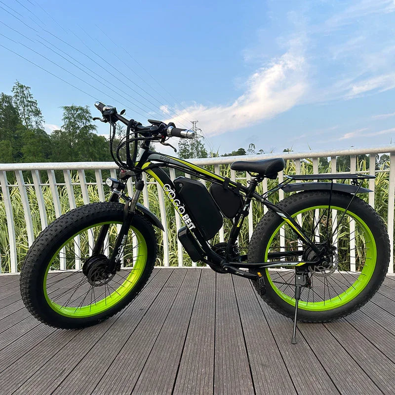 GOGOBEST electric bike black with neon green rims, side view on wooden deck outdoors