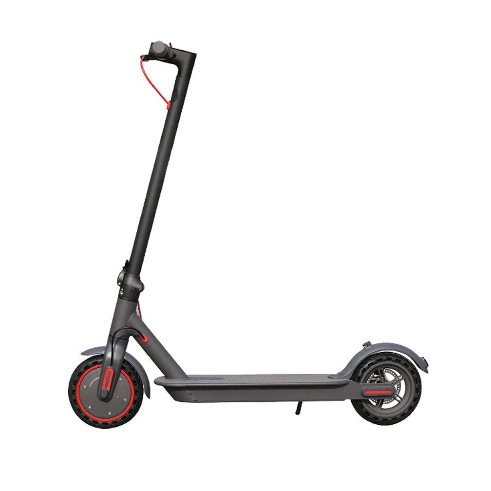 black electric scooter with red accents side view on white background