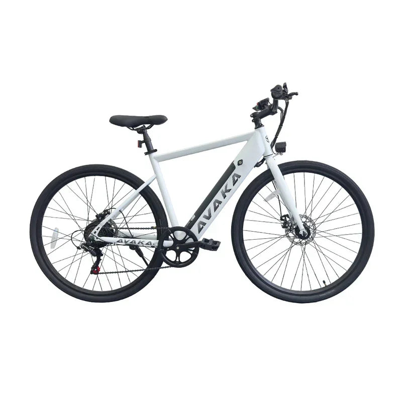 White bicycle with 'Avaka' branding on a white background