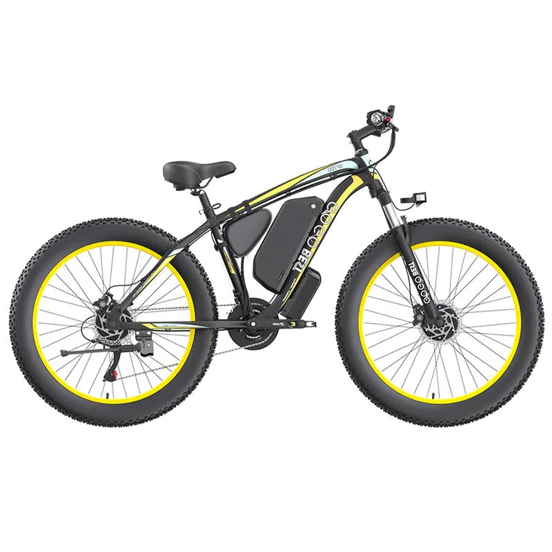 GOGOBEST electric fat tire bike black with yellow accents, side view