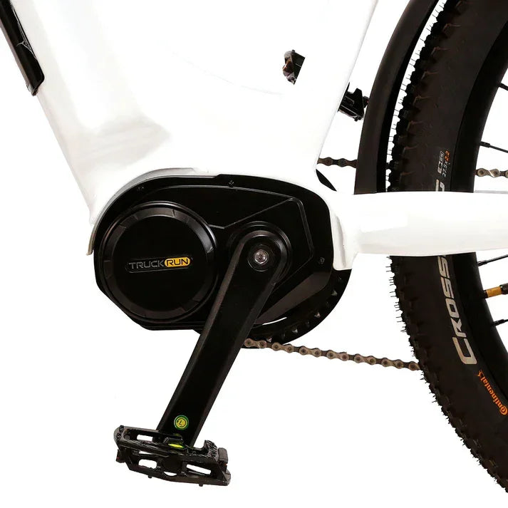 Close-up of a Cysum NOVA  Step-Thru Electric Bike - UK with a black pedal and chain mechanism on a white background