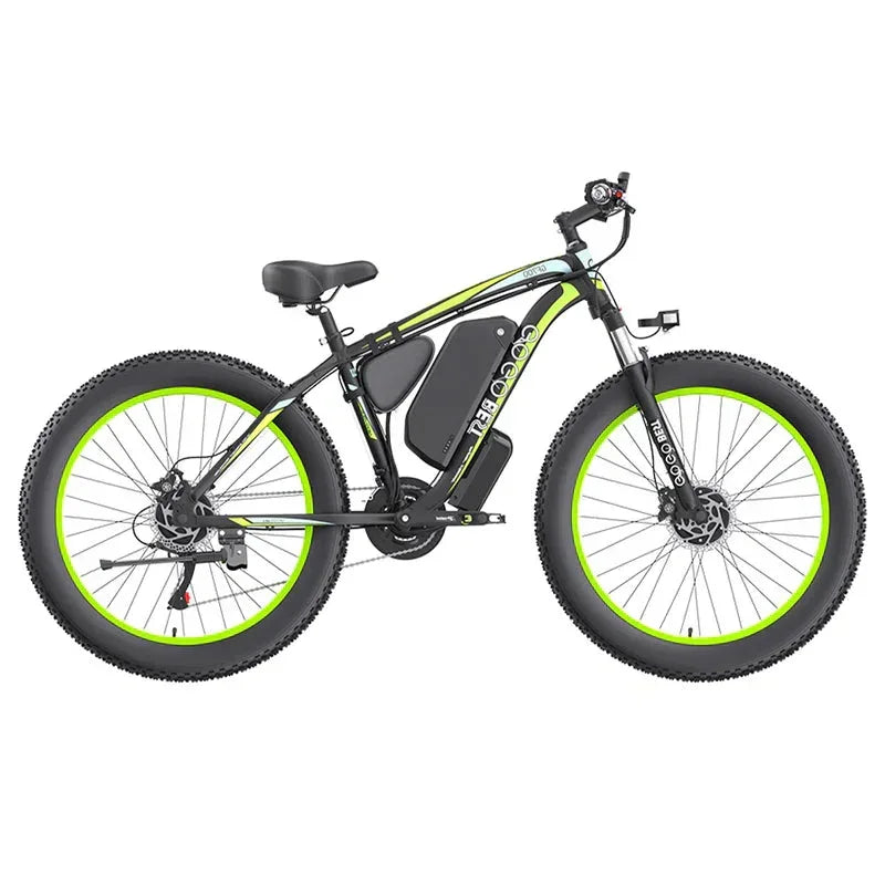 RREBELL Rebel 1.0 electric bike, black with neon green rims, side view