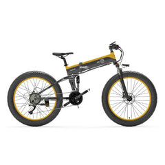 Bezior X1500 electric bike in gray and yellow, side view with fat tires and foldable frame