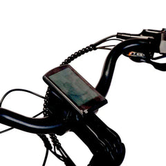 Phone mounted on a Cysum NOVA  Step-Thru Electric Bike - UK handlebar with a white background