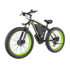 GOGOBEST electric bike black with neon green rims side view, fat tires, mountain style
