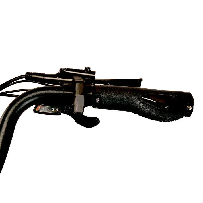 Close-up of a Cysum NOVA  Step-Thru Electric Bike - UK handlebar with throttle and controls on a white background
