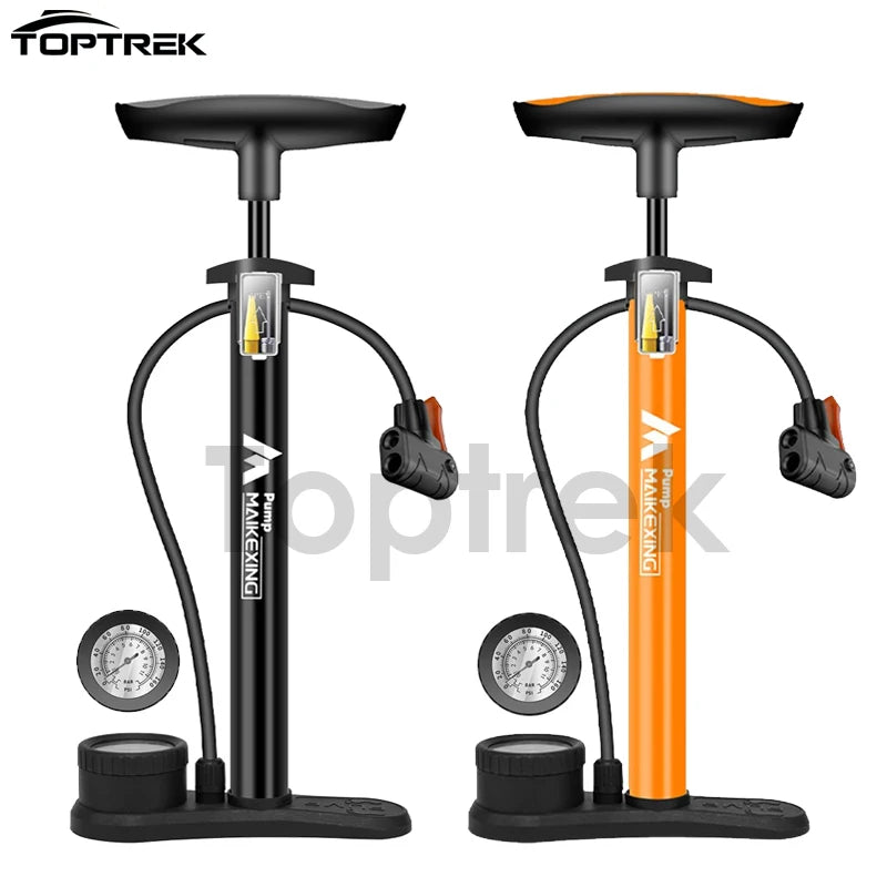 Two Bike Pump bicycle pumps, one black and one orange, with gauges on a white background. Brand 'TopTrek' is visible.