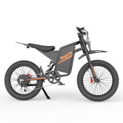 A matte black Bopzin Q8 electric dirt bike with orange accents and the brand name 'BOPZIN" on the frame, shown from a side profile on a white background.