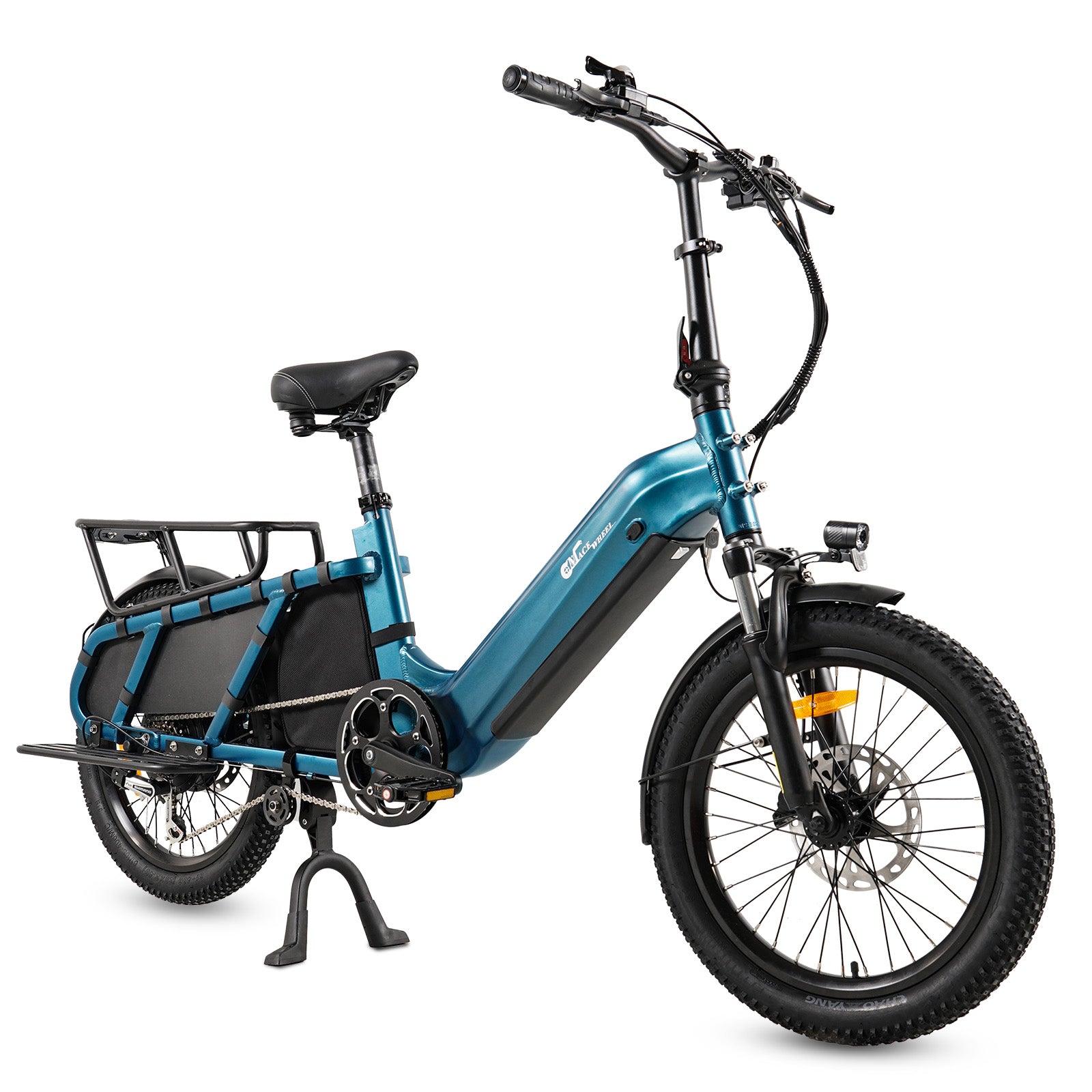 Blue CMACEWHEEL HQ20 Cargo  e bicycle with black seat and accessories on a white background