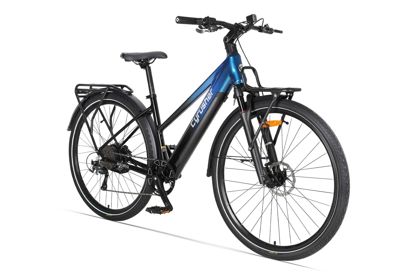 Cyrusher Asuka Trekking Electric  bicycle with black frame and blue accents on a white background
