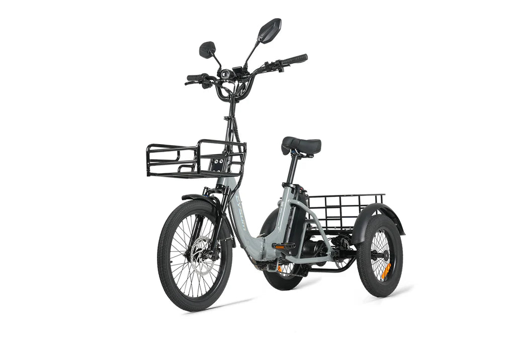 Cysum AG1 Pro Foldable Electric Tricycle in Grey with a basket on a white background