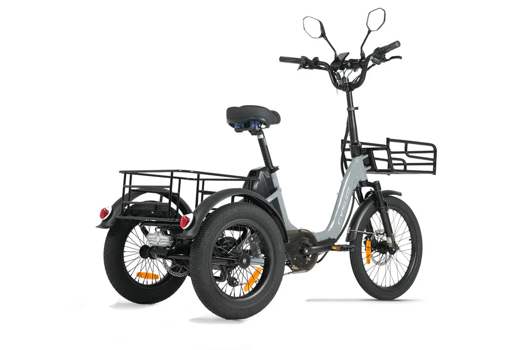Back view of Cysum AG1 Pro Foldable Electric Tricycle with a basket on a white background
