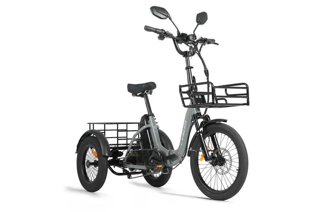 Right side view of Cysum AG1 Pro Foldable Electric Tricycle in Grey with a basket on a white background