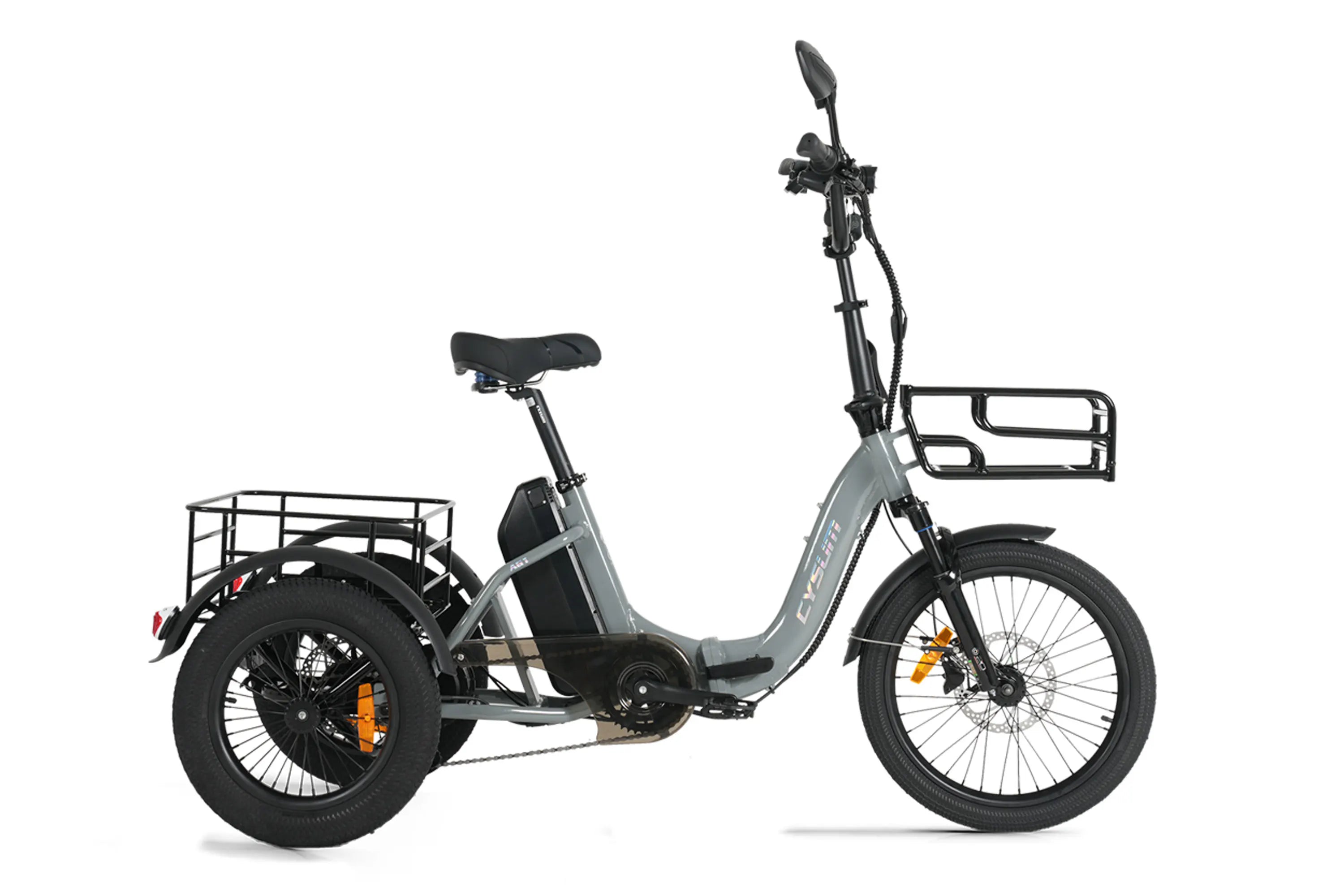 Cysum AG1 Pro Foldable Electric Tricycle in Grey with a black basket on a white background