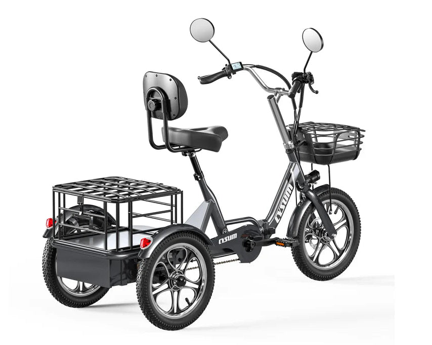 Cysum T1 Pro - Three-wheeled electric bike with a basket on a white background