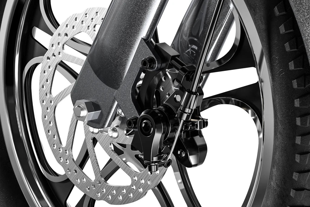 Close-up of a motorcycle wheel with disc brake system on a white background -Cysum T1 Pro Electric Tricycle