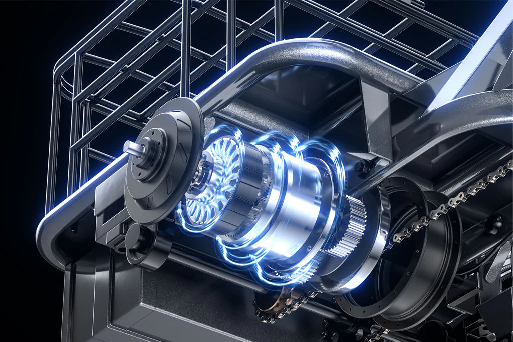 Close-up of mechanical components with a glowing blue element on a dark background -Cysum T1 Pro Electric Tricycle