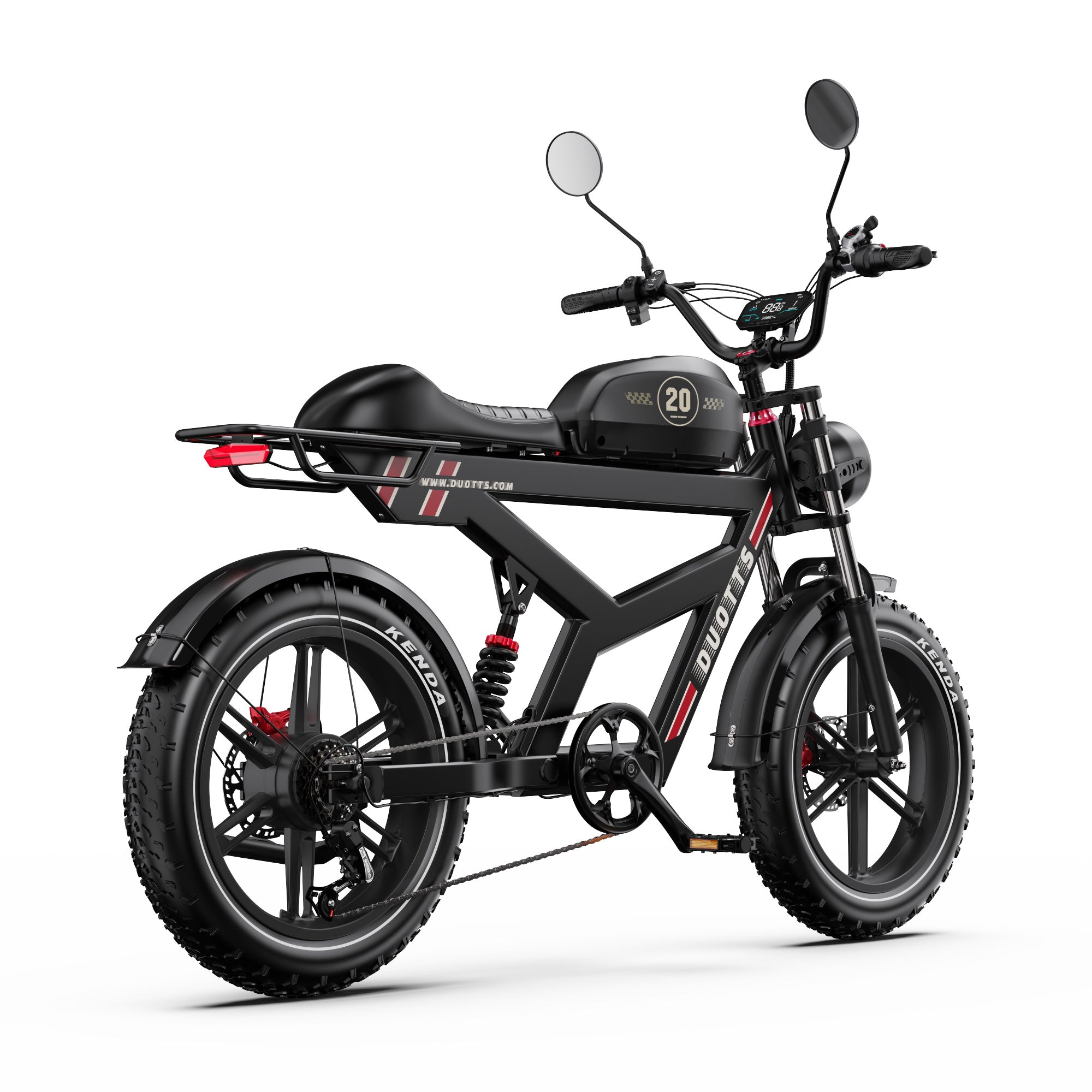 Taillight view of DUOTTS F20 Upgraded Electric Bike in black with red accents on a white background