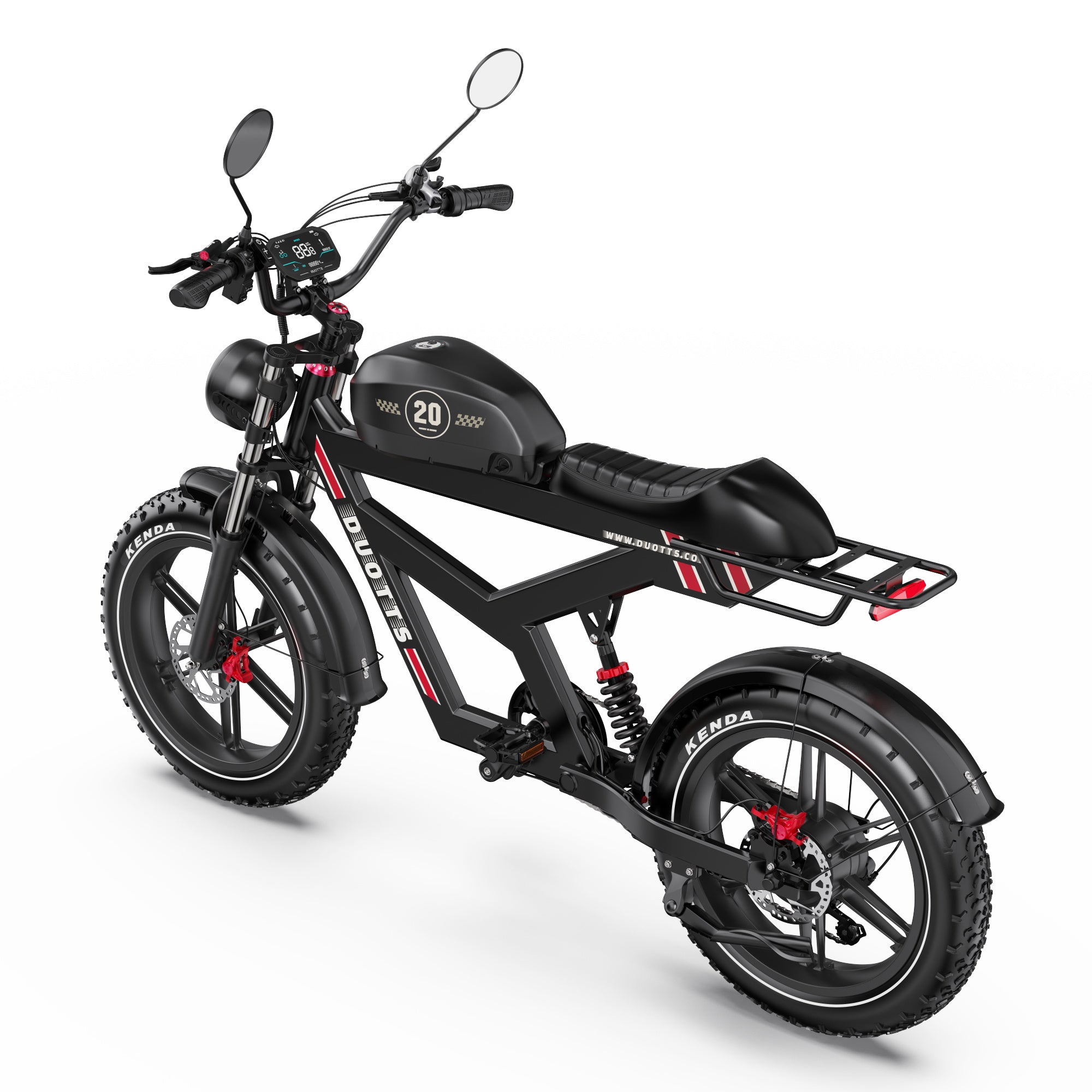Display view of DUOTTS F20 Upgraded Electric Bike in black with visible branding on a white background