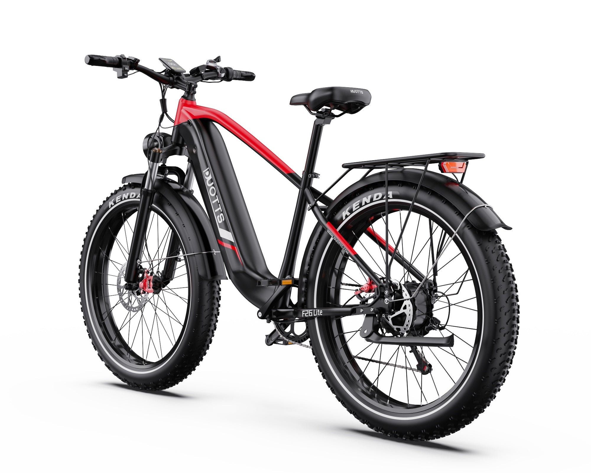 Side View of DUOTTS F26 Lite Electric Bike with red frame and black body on a white background - Pogo Cycles, Ireland. 
