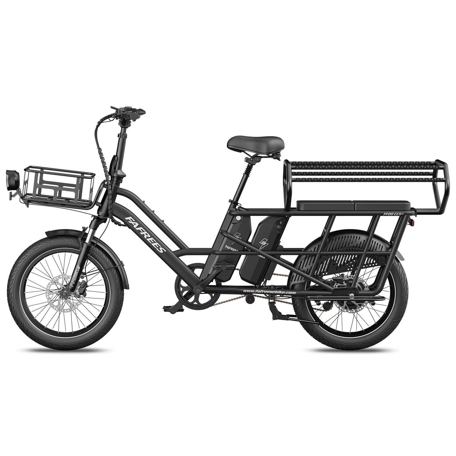 Fafrees FF20 CUV Modular longtail Cargo Bike in black with baskets on a white background - Pogo Cycles, Ireland