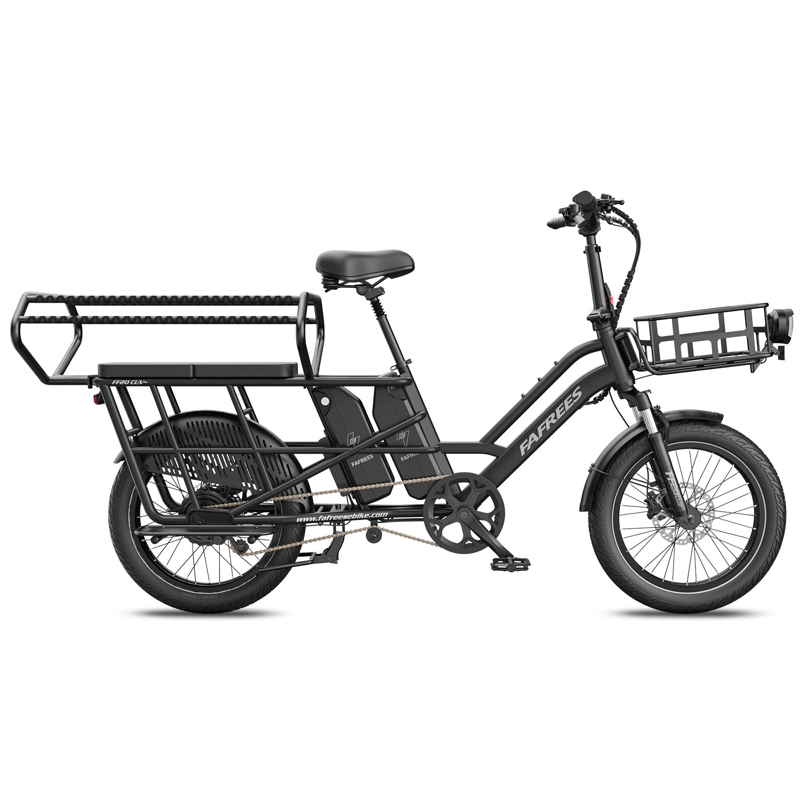 Fafrees FF20 CUV Modular longtail Cargo Bike in black with baskets on a white background