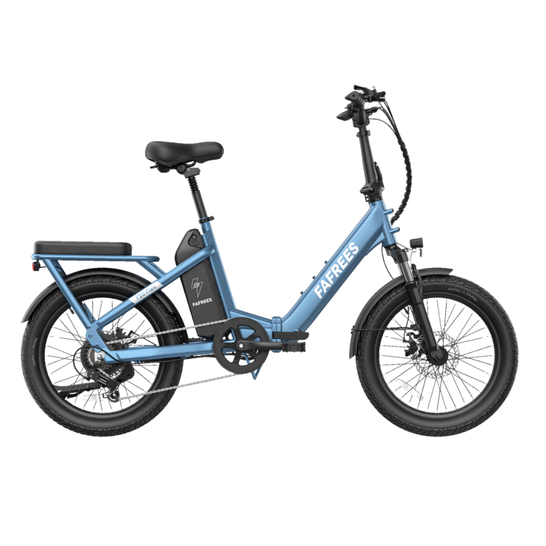 F20 Flex Step-Through Folding E-Bike in blue with 'FARREES' branding on a white background