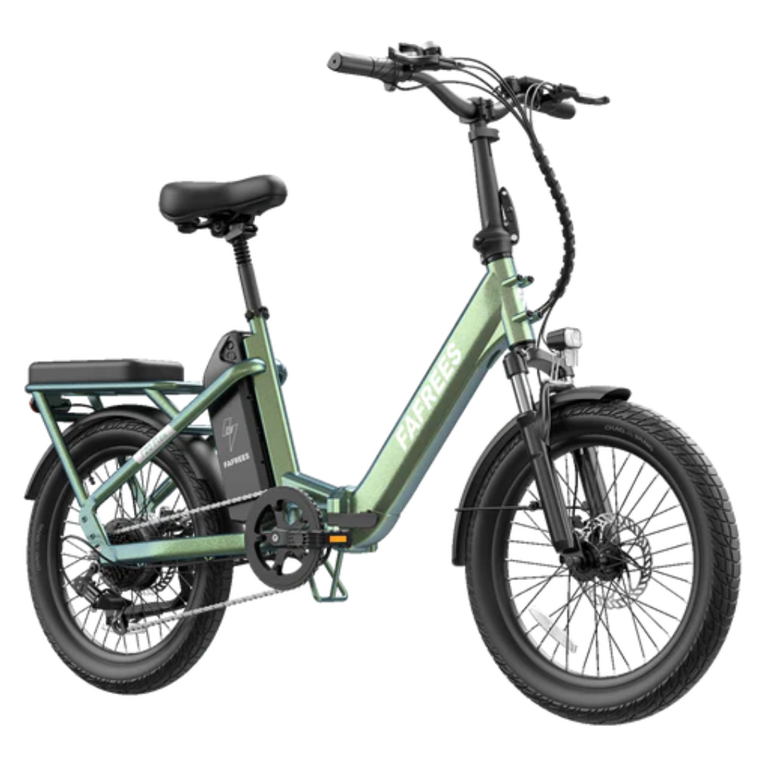 Right side of Fafrees F20 Flex Step-Through Folding electric bicycle in misty green on a white background