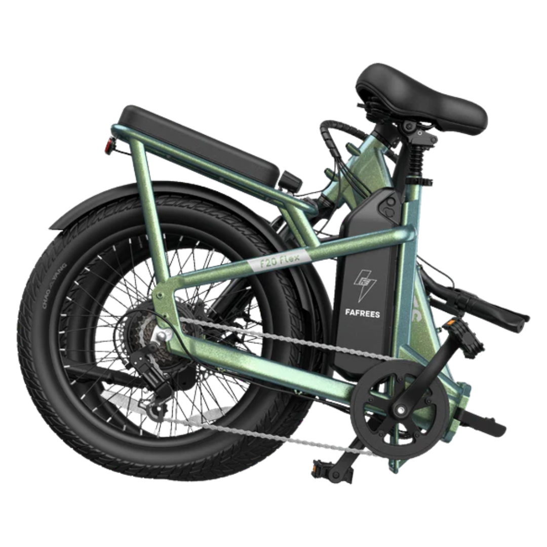 Folded view of Fafrees F20 Flex Step-Through Folding E-Bike in green with black seat and tires on a white background