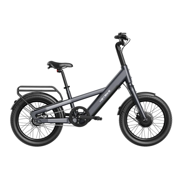 Heybike EC Compact City Electric Bike with a small basket on a white background - Gray 