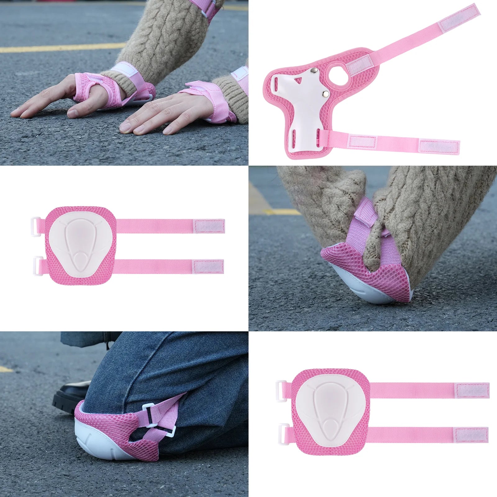 Set of pink protective gear - Hoverboard Kids Stylish Classic Helmet including wrist guards, knee pads, and elbow pads on a person.